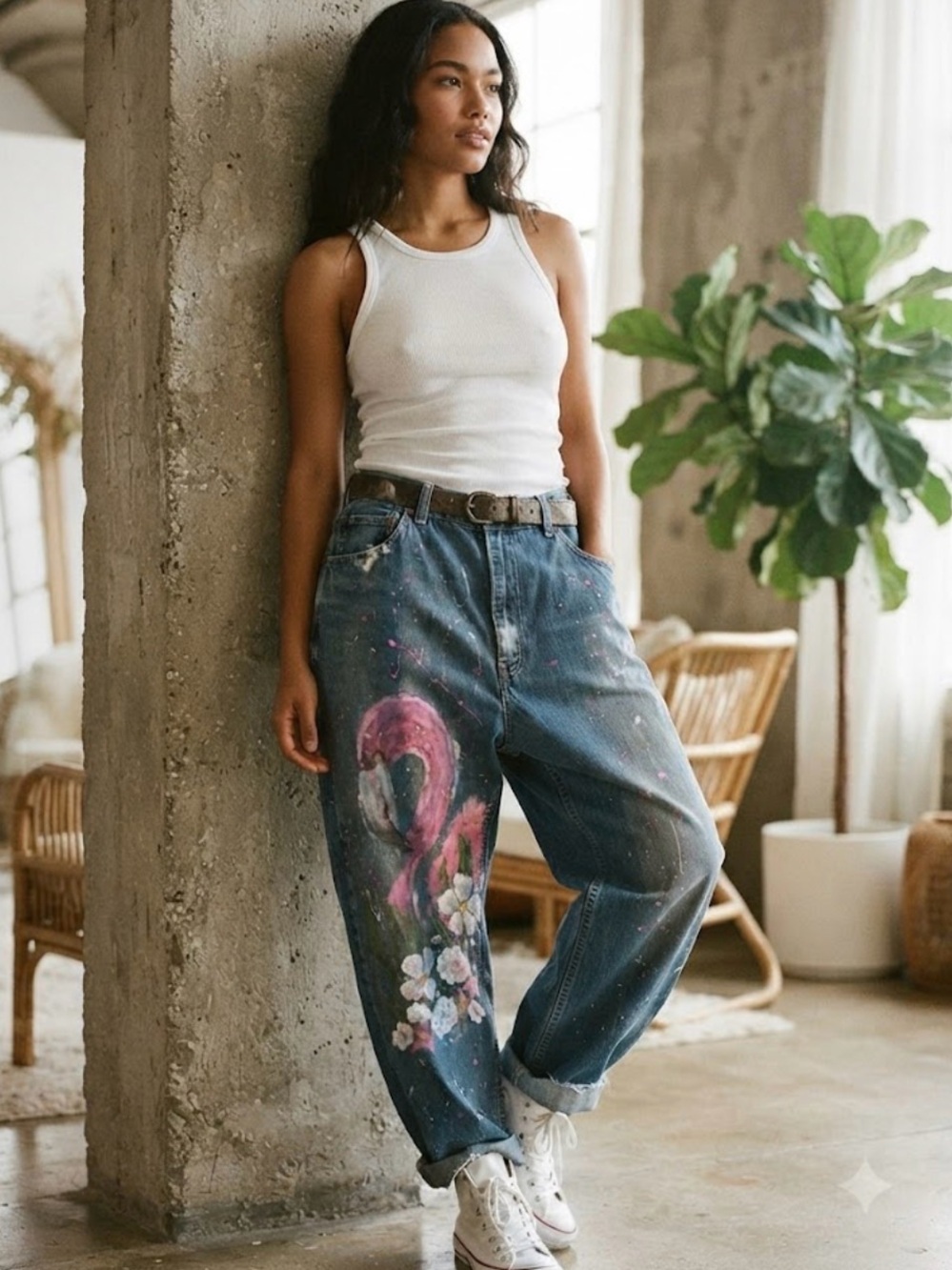 Custom Hand Painted Levi’s 505 Flamingo & Floral Raw Hem Jeans
